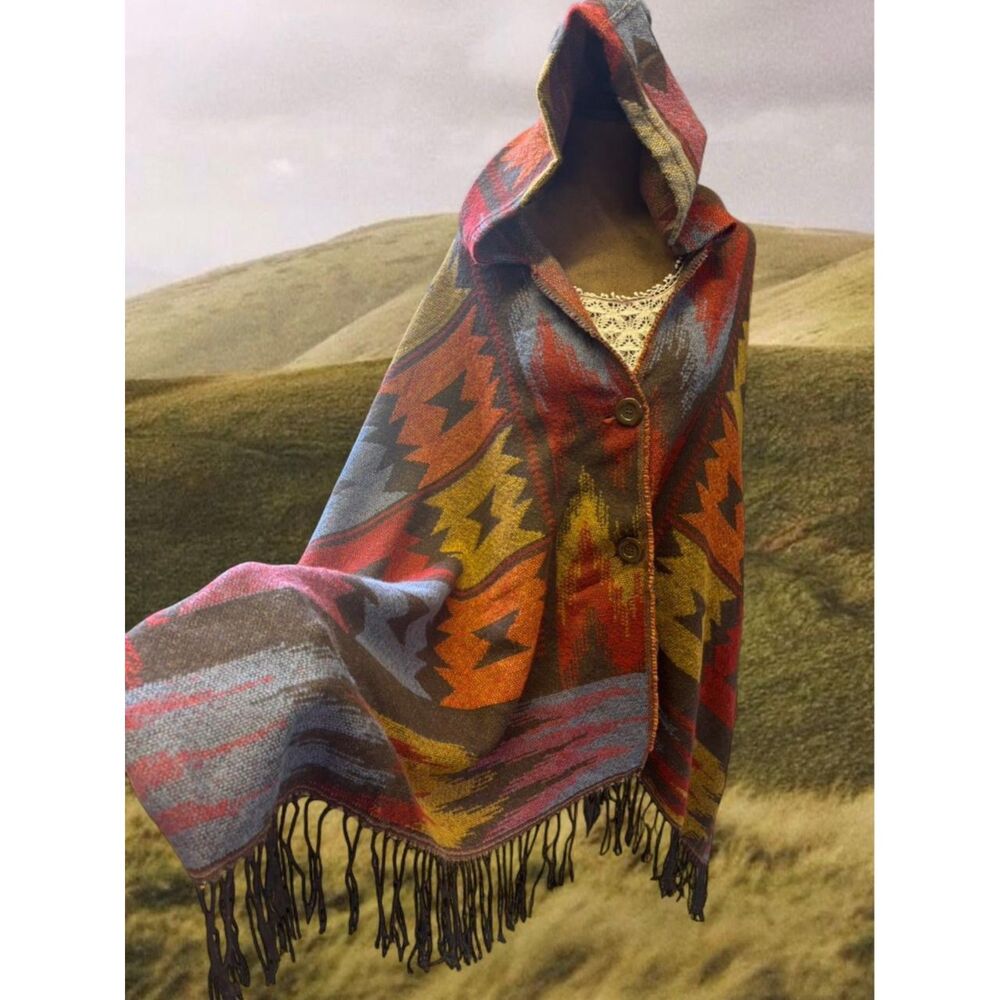Festival Rave Western Boho Aztec Patterned Fringe Hooded Poncho